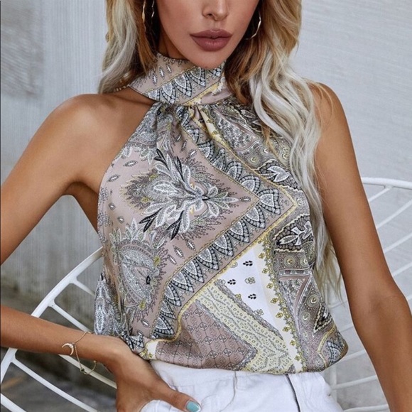 Boho Paisley Floral Print Satin Halter Tank Top - Picture 12 of 14